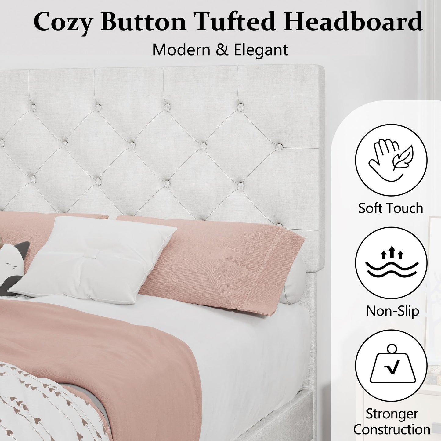 Full Size Bed Frame with Headboard, Upholstered Platform Bed with Adjustable Button Tufted Headboard, Fabric Bed Frame with Wooden Slats Support, No Box Spring Required, Easy Assembly, White