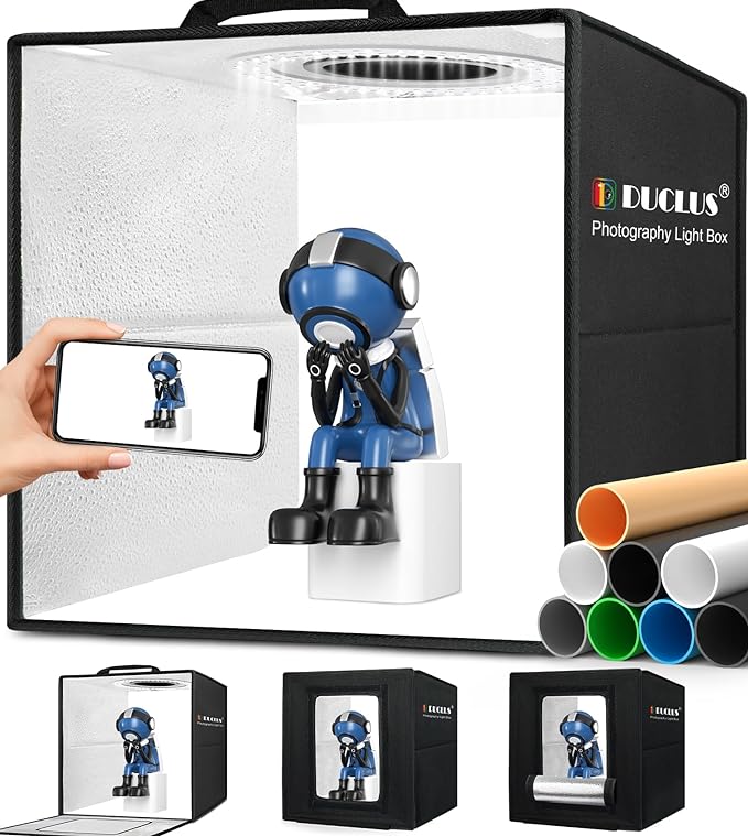 DUCLUS Light Box Photography, 12"x12" Photo Booth Box with 120 LED Lights Dimmable & CRI＞95, Portable Lightbox with 8 Back...