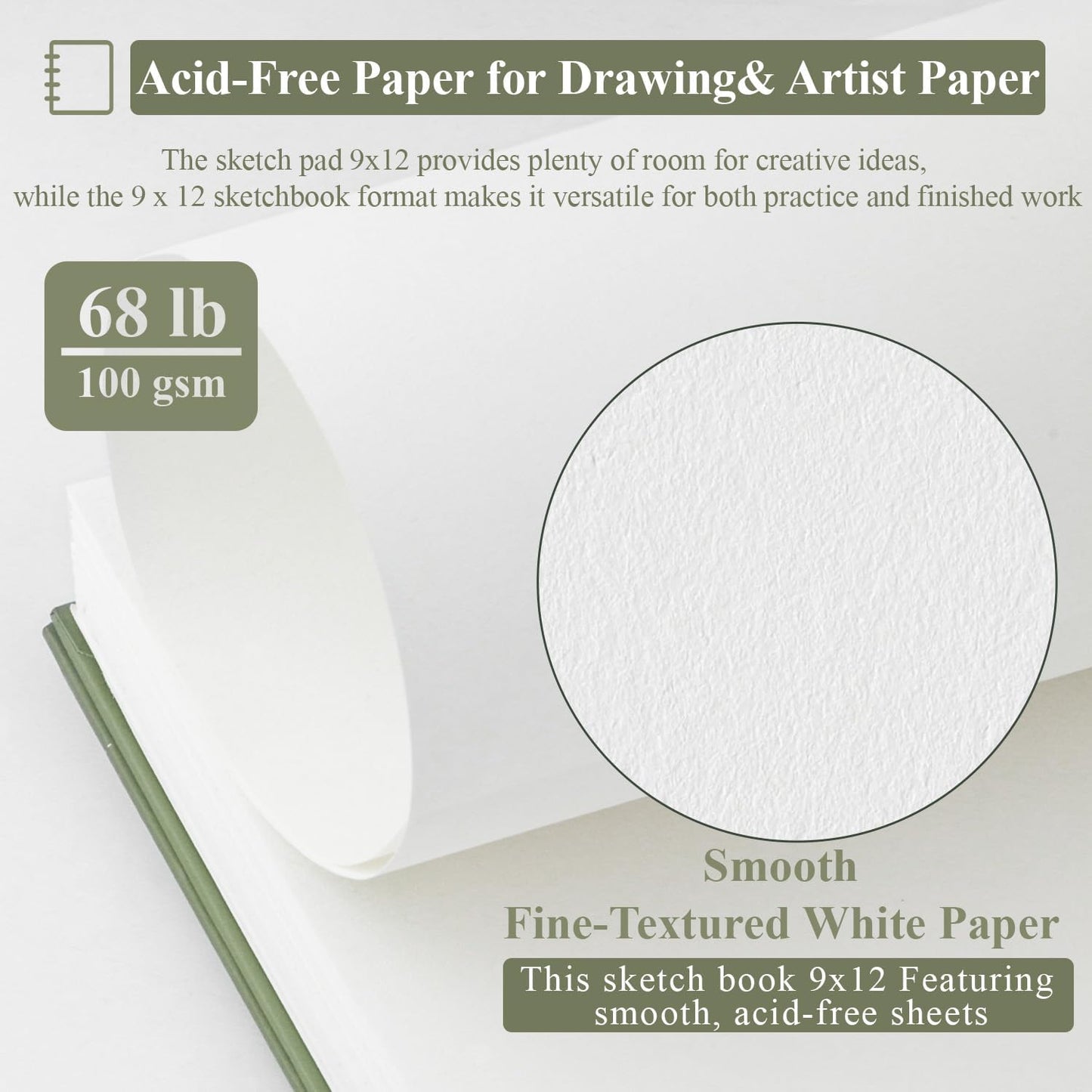 Sketch Book 9x12 inch, Pack of 2 (Total 200 Sheets) Spiral Bound Sketchbook, 68 lb/100gsm Artist Sketch Pad, 100 Sheets Each, Sturdy Acid Free Drawing Paper, Suitable for Adults & Teens