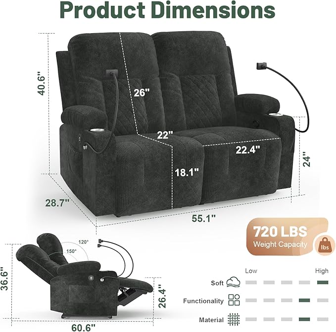 FURNIMAT Loveseat Recliner Sofa, 2 Seater Reclining Loveseat Sofa, Modern Fabric RV Loveseat Couch for Living Room/RV, with USB Ports, Cup Holders, Insert Pockets, Cell Phone Holders, Gray