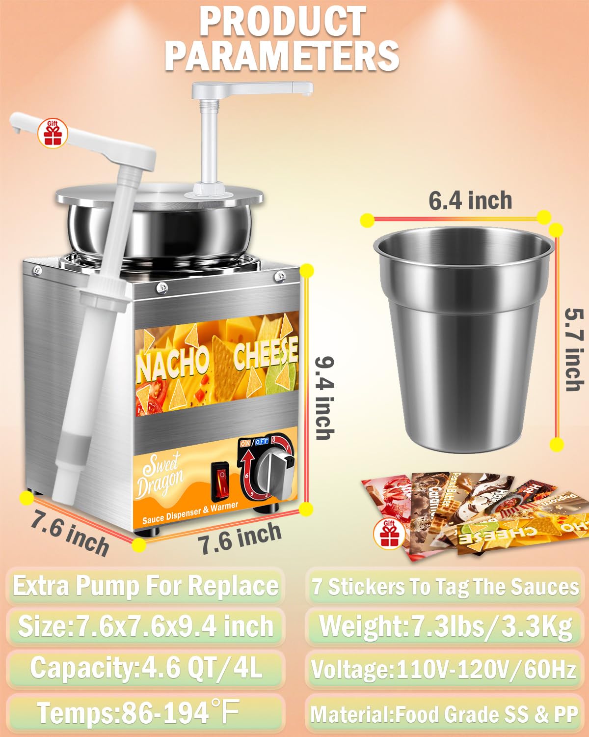 Nacho Cheese Dispenser, 4.6 Qt Nacho Cheese Dispenser with Pump, Stainless Steel Hot Fudge Cheese Warmer W/6-Level Temperature Adjustment, Commercial Sauce Dispenser for Butter Syrup Caramel