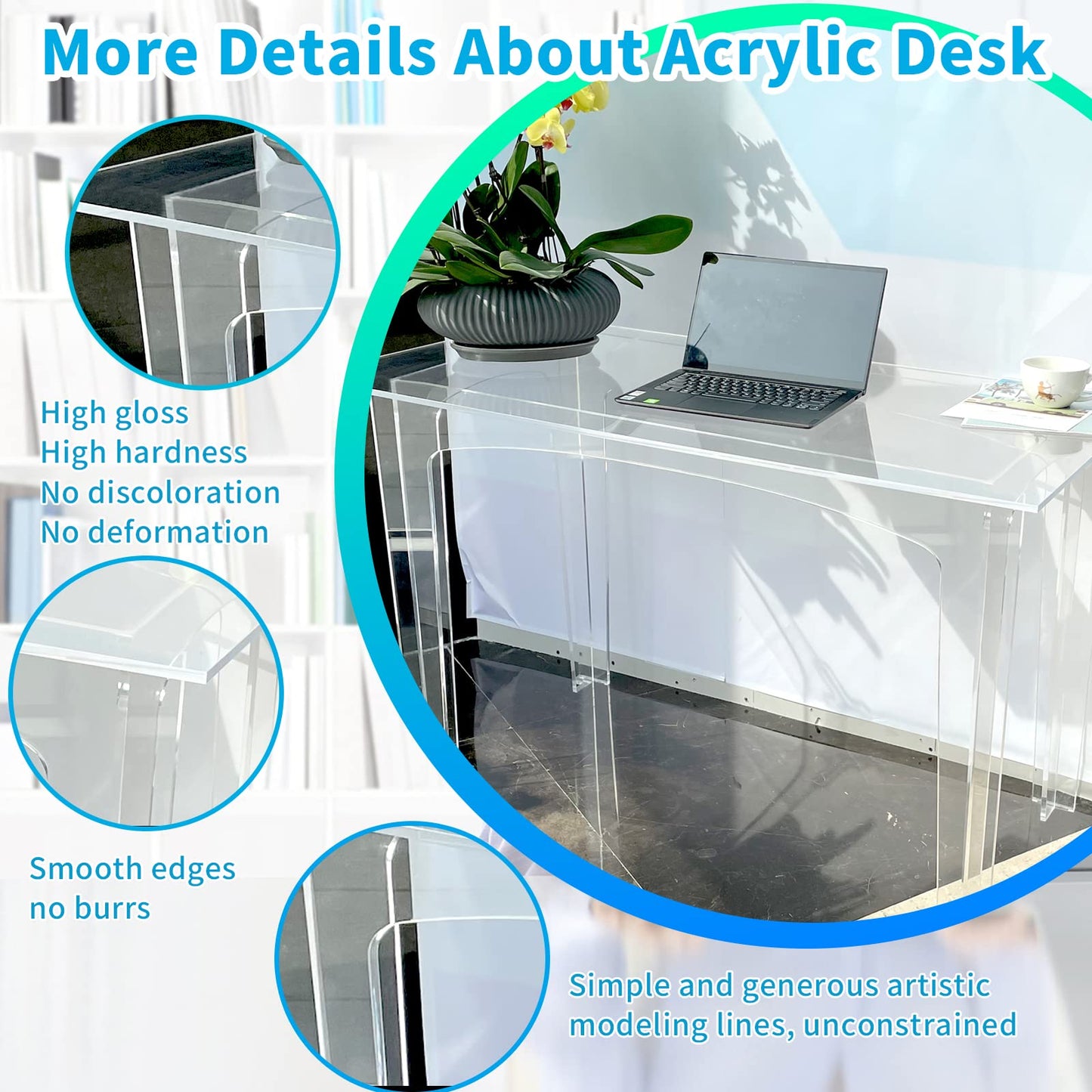 Nalwort Acrylic Desk 47" L x24 W x 29" H, Modern Simple Study Writing Desk, Rectangular Shaped Laptop Computer Desk, Home Office Desks, Clear Desk for Party Event, Bedroom