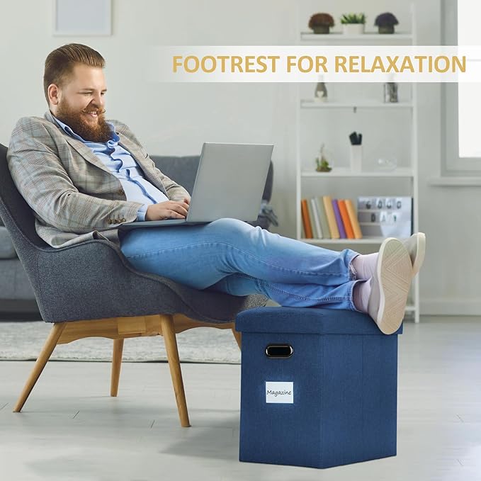 Emosoon Tall Ottoman with Storage Collapsible Fabric Small Slim Folding Ottoman Furniture with Handles Lid for Room Footrest Foot Stool Linen Navy Blue 16.5x16.5x11.8in
