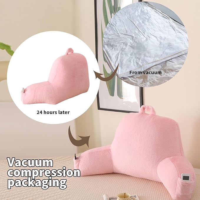 PAJEO Reading Pillow for Sitting in Bed, Large Backrest Reading Pillow with Arm Rest,Back-Rest Support Cushion for Sit Up on Couch, Sofa, and Floor, Dorm Essentials (Pink Faux Fur, Standard(17"))