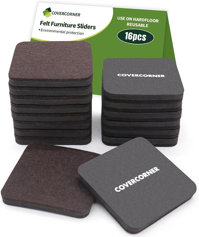 COVERCORNER Felt Furniture Sliders for Hardwood Floors 16 PCS - 3 1/2 inch Square Furniture Moving Slider – Heavy Duty Felt Movers Sliders Chair Legs Floors Protectors (for Hardwood Floors)-Brown