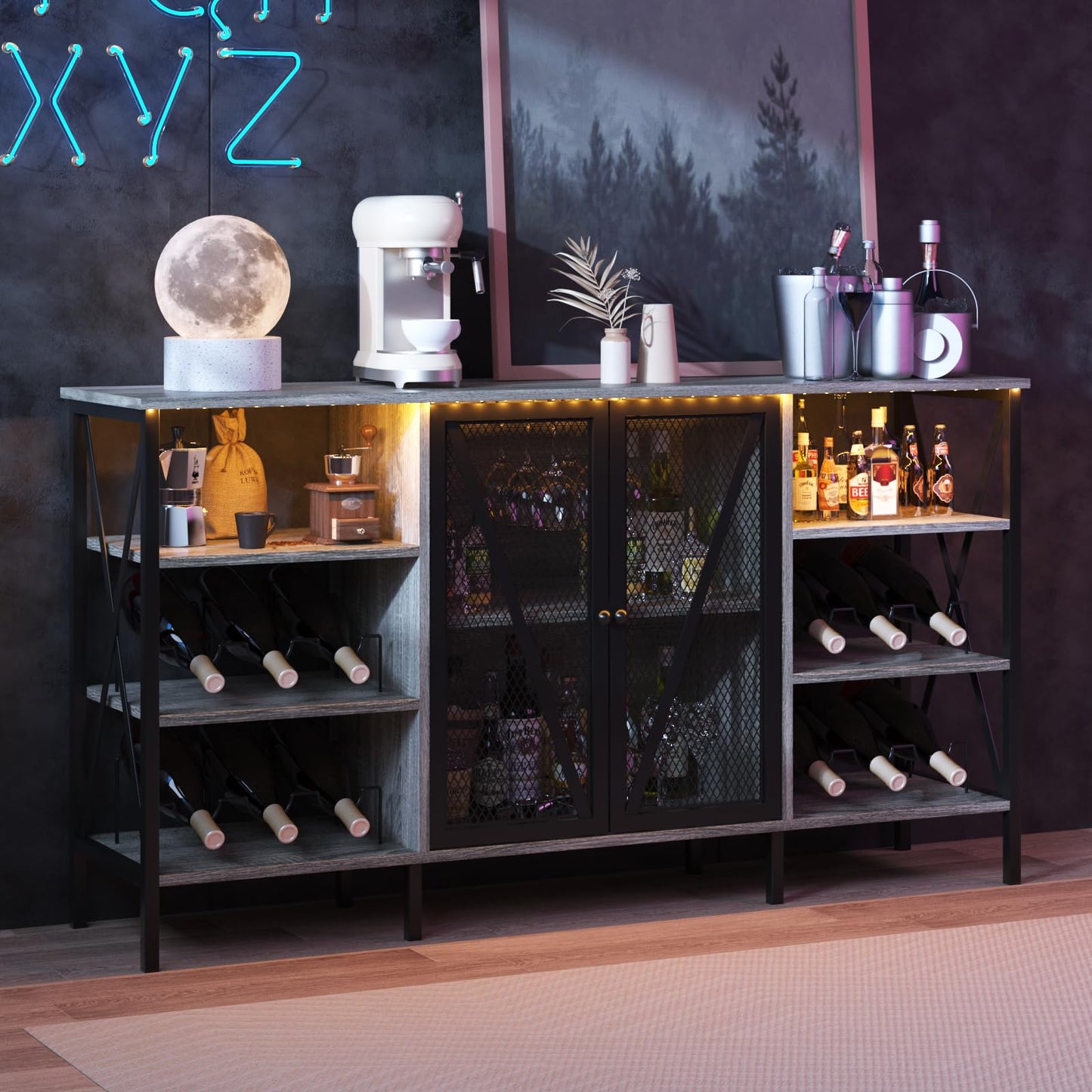 Garvee Farmhouse Wine Bar Cabinet with Wine Rack and Glass Holder, Rustic Coffee Bar with Led Light, Metal Sideboard and Liquor Table Cabinet with Mesh Door for Living Room, 55.12", Dark Grey