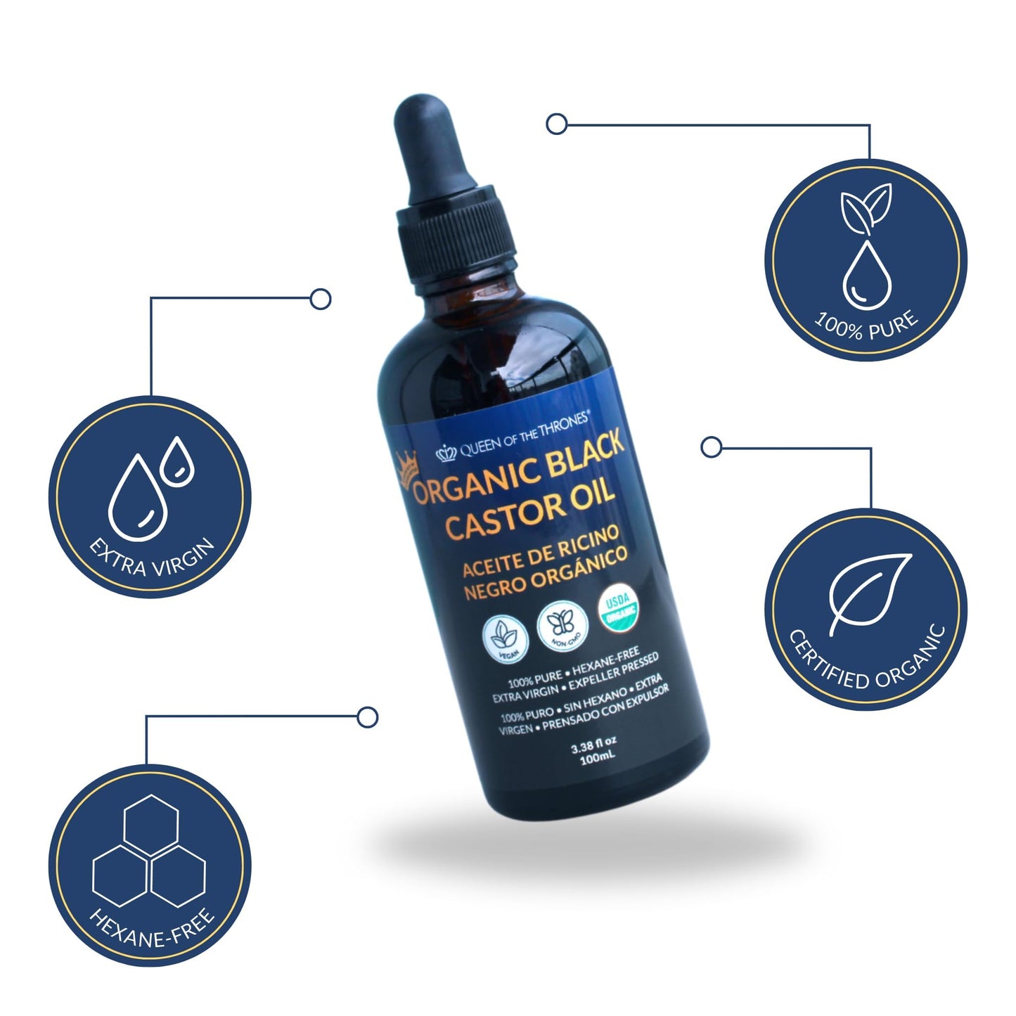QUEEN OF THE THRONESOrganic Black Castor Oil - 100mL with Dropper| 100% Pure, Certified Organic, Hexane-Free, Extra Virgin | Moi
