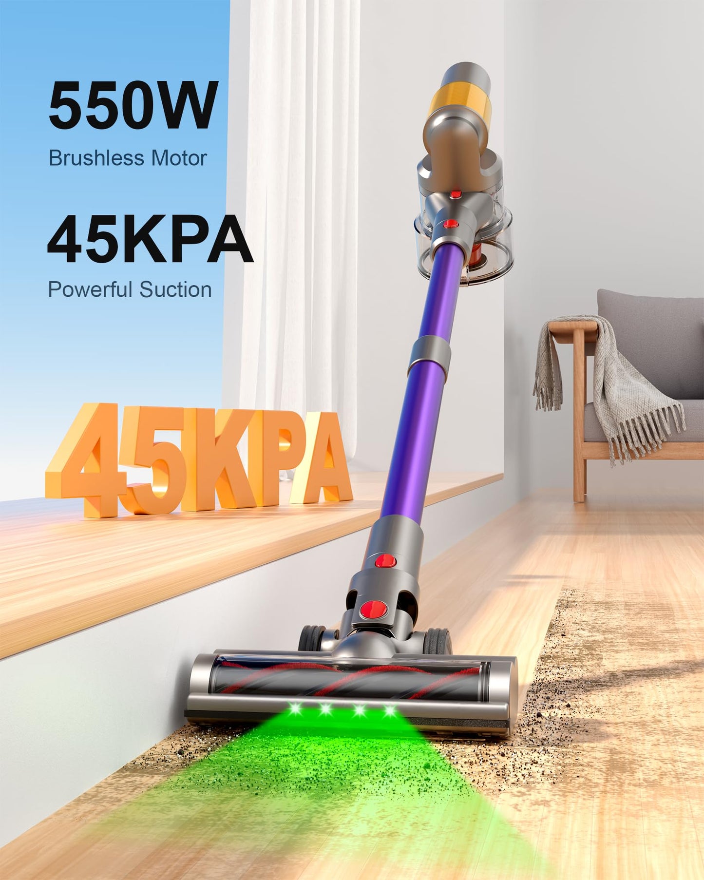 Snowkuna Cordless Vacuum Cleaner, 2 Batteries 120 Mins Runtime 45Kpa 550W, Stick Vacuum With Anti-Tangle Design, Self-Standing,