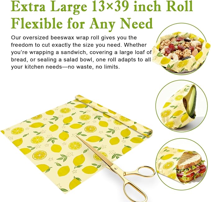 Reusable Beeswax Wraps For Foods, Cheese, Sandwich & Bread- 13 x 39'' Cut to Size - Eco-Friendly Food Storage Alternative to Plastic Wrap & Cheese Paper (Lemon Pattern002, 13x39'')