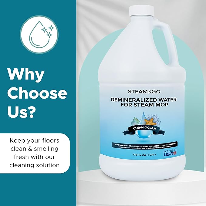 Steam & Go Demineralized Water Cleaning Solution for Floor & Multi-Surface Steam Cleaners - Compatible for All Steam Mops - Clean Ocean Scent, 128 oz