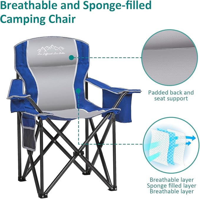 SAILARY Camping Chair Heavy Duty High Back Folding Chair with Cup Holder, 450lbs Capacity, Padded Seat, Cooler Bag & Storage Pocket, Portable for Outdoor, Beach, Fishing, Sports, Blue
