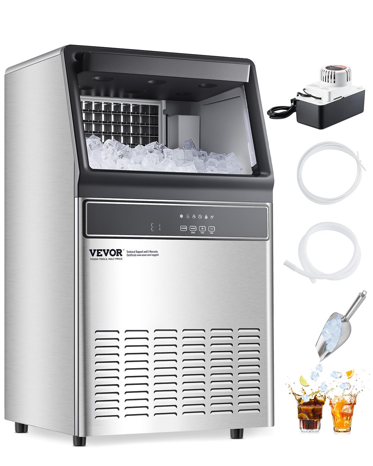 Vevor 110Lbs/24H Commercial Ice Maker Machine With Drain Pump, 33Lbs Storage Capacity Ice Maker, 50 Ice Cubes In 15 Minutes, Led