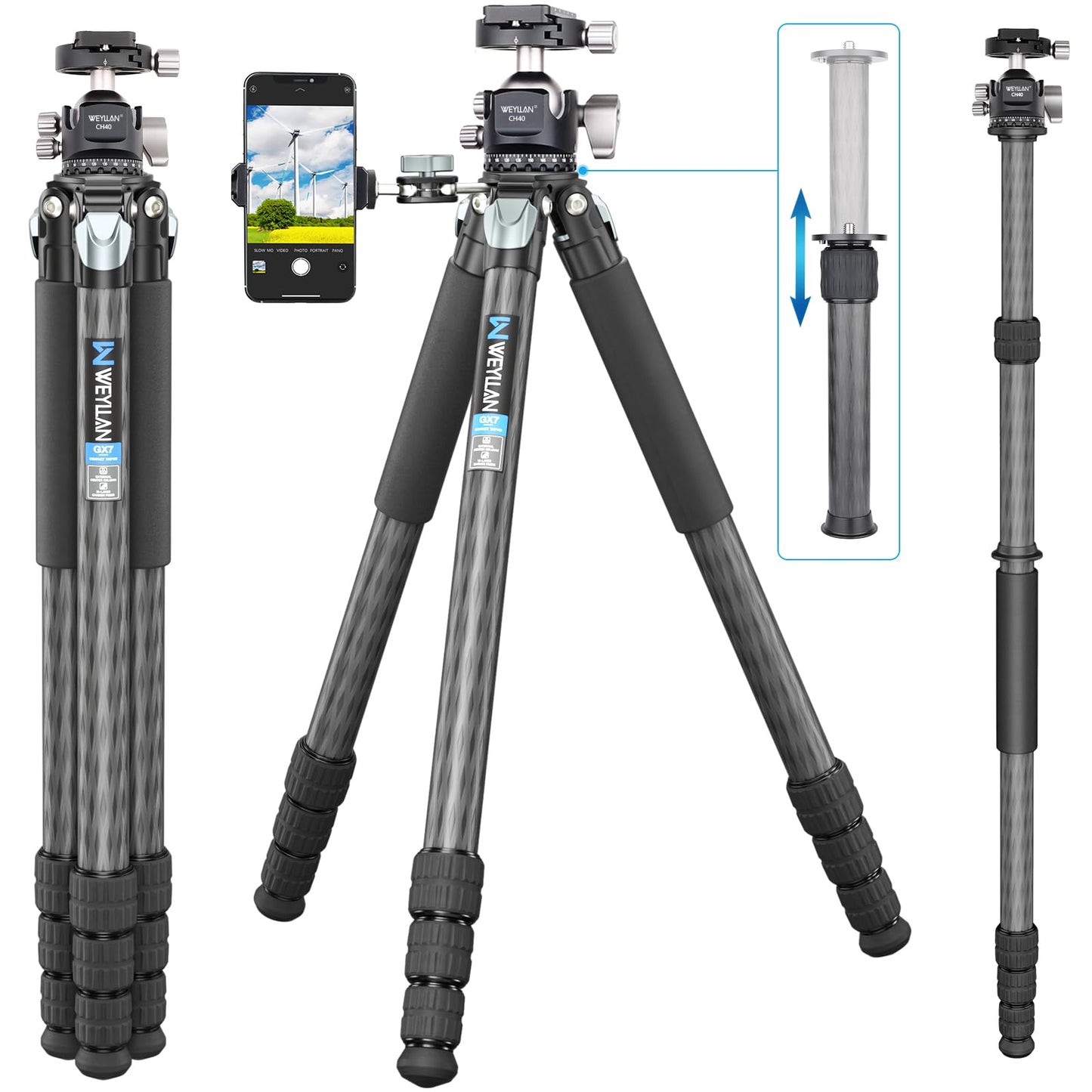 Carbon Fiber Heavy Duty Tripod WEYLLAN 81'' Professional Tripods for Camera, 10-Layer Carbon Fibre Tube, 32.5mm Leg with Low Profile Tripod Ball Head for Canon Nikon Sony, DSLR SLR Digital Camcorder