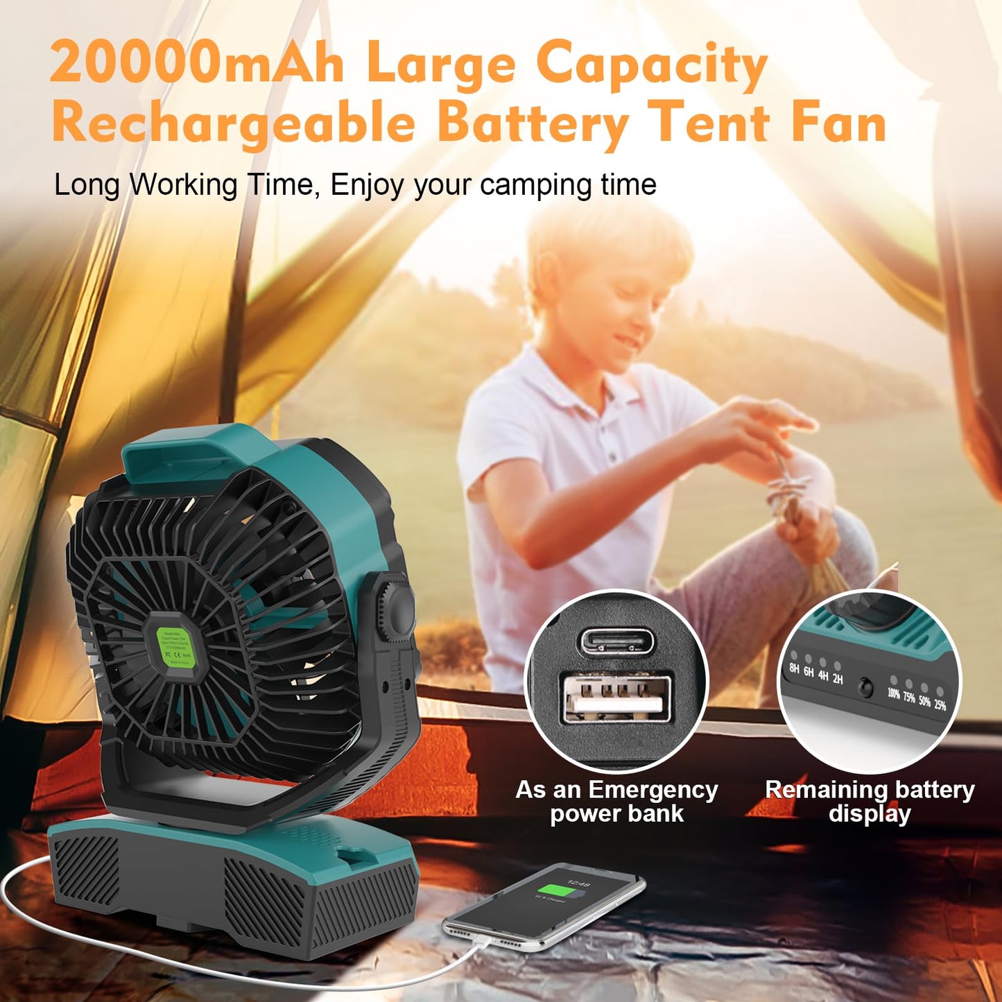Runtop 20000Mah Camping Fan, Remote Control Oscillation Rechargeable Battery Operated Outdoor Tent Fan W/Hanging Hook, Stepless