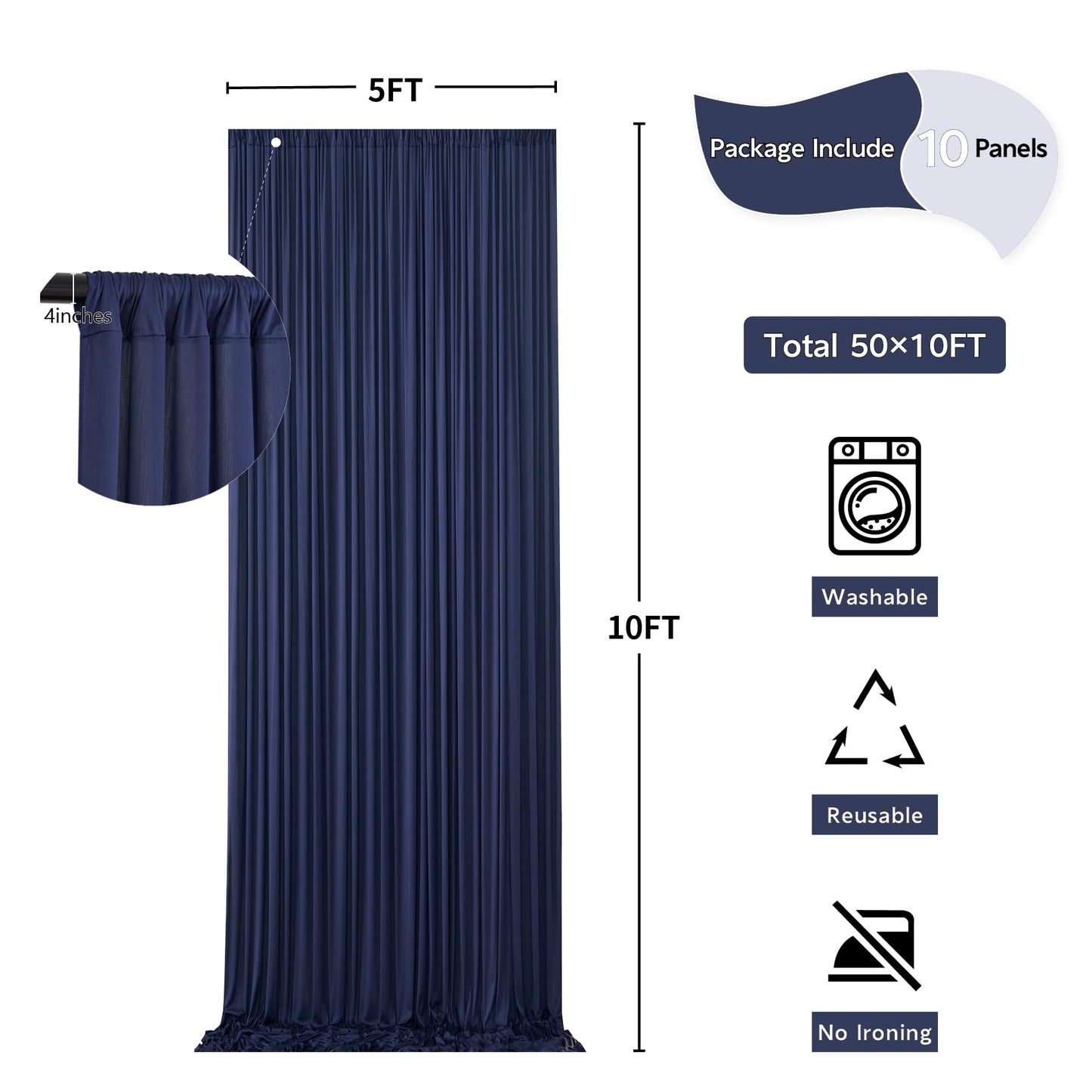 40 ft x 10 ft Wrinkle Free Navy Blue Backdrop Curtain for Parties,Polyester Photo Backdrop Drapes, Thick Background 8 Panels 5ft x 10ft for Baby Shower Wedding Birthday Party Backdrop Stand
