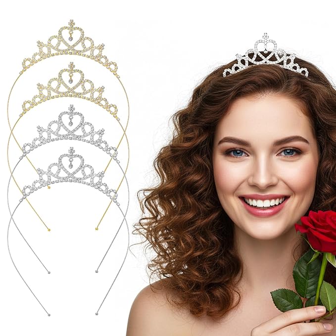 4PCS Glittering Rhinestone Crown Headbands, Crown Headband for Women, Sparkling Crystal Heart Crowns Tiara, Adjustable Pri...
