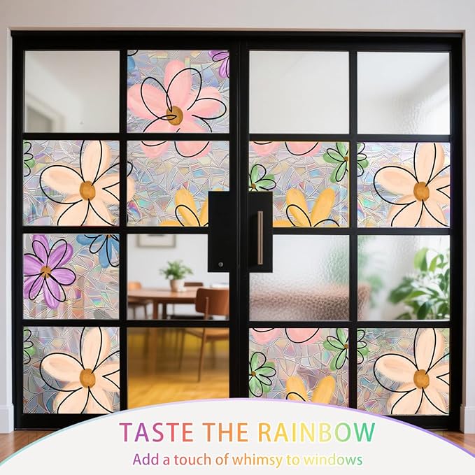 Daisy Flower Stained Glass Window Film Static Cling with Tools - 17.5 x 78.7 Inch Non-Adhesive Privacy Decorative Cute Rainbow Film for Windows, Doors, Sidelights - Easy Install & Remove