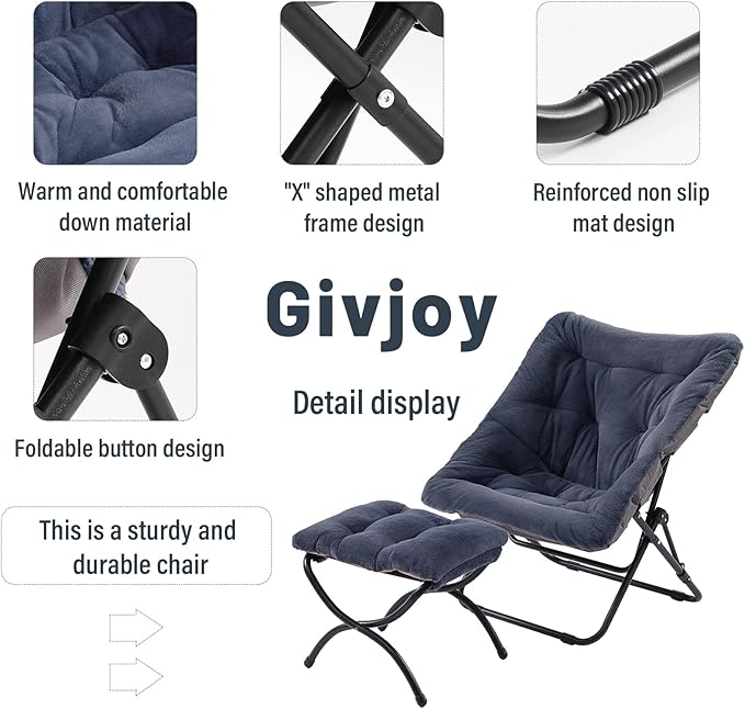 Givjoy Comfy Folded Chair with Ottoman, Oversized Folding Faux Fur Chair Soft Furry Lounge Lazy Chair with Metal Frame Moon Chair Accent Chair for Bedroom, Living Room, Dorm Rooms