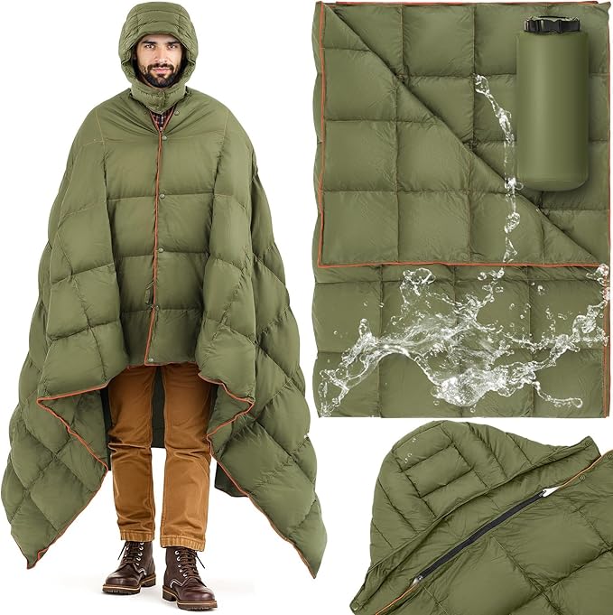 HunnmingRe Upgraded Hooded Down Camping Blanket Waterproof 650 Fill Puffy Poncho Blanket 77" x 50" Packable Wearable Sleep...