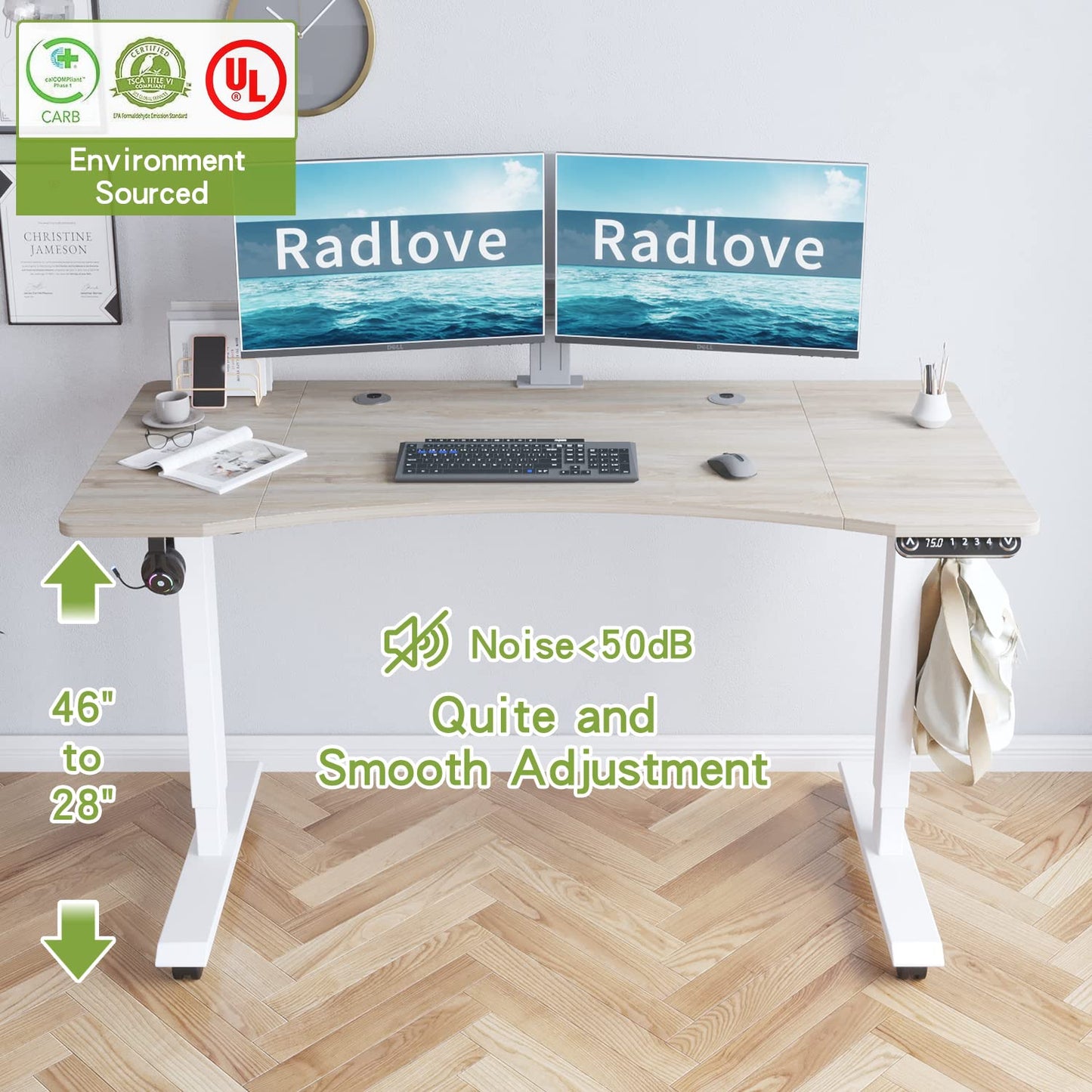Radlove Electric Standing Desk, 55 x 30 Height Adjustable Computer Desk Sit Stand Desk Home Office Desks with Splice Board and A Under Desk Cable Management Tray (White Frame + Oak Top)
