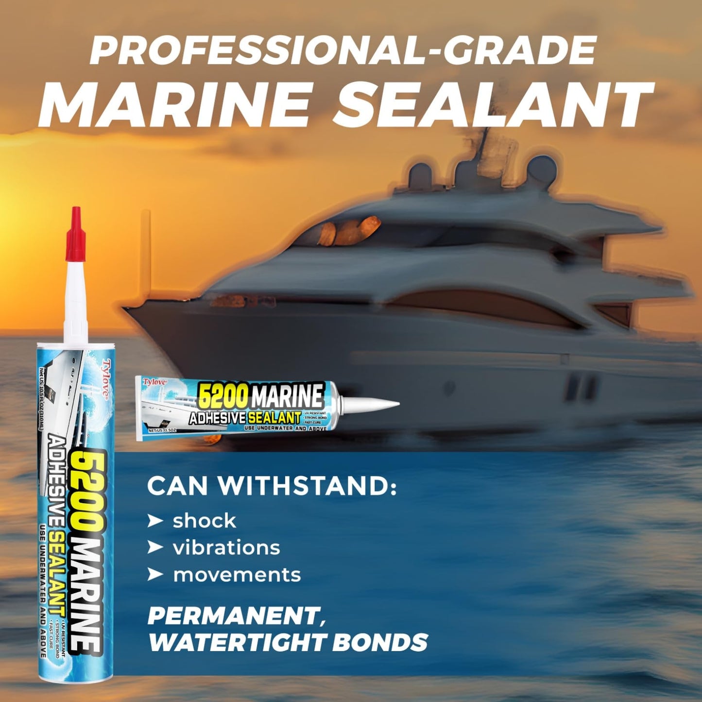 [Black] 3oz Marine Adhesive Sealant 5200 Fast Cure - Permanent, Watertight Bonding and Sealing - UV Resistant, Above & Below Waterline- for Boats, Hulls, Decks & RVs,Pond Sealant