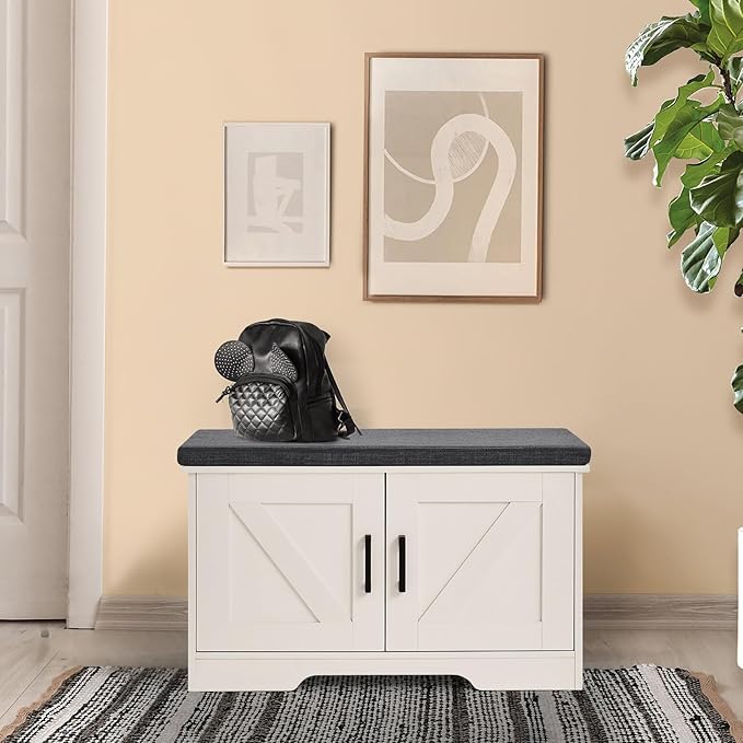 HOMSHO 2-Tier Storage Bench, 27.6" Wide Shoe Bench with Padded Seat Cushion, Entryway Bench with 2 Barn Doors and Adjustable Shelf, White