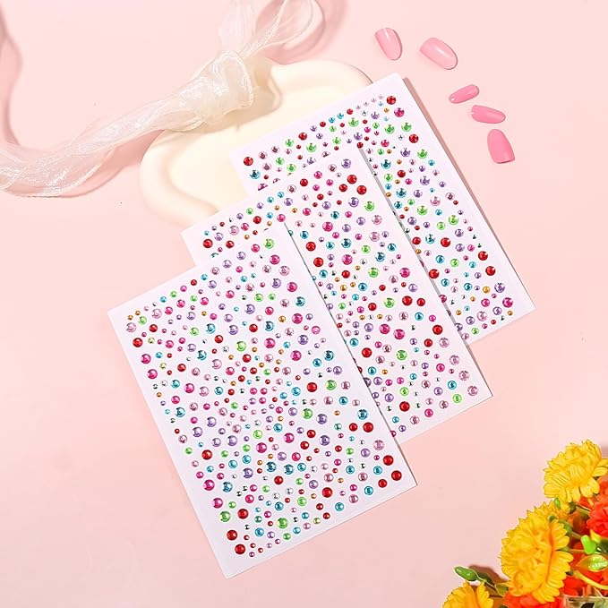Self Adhesive Face Gems and Pearls for Makeup, Festival Jewels, Hair Gems, Rhinestone Stickers for Face, Eye, Makeup, Nail, Body, Crafts 3/4/5/6 mm 975Pcs (02.gem_Color)