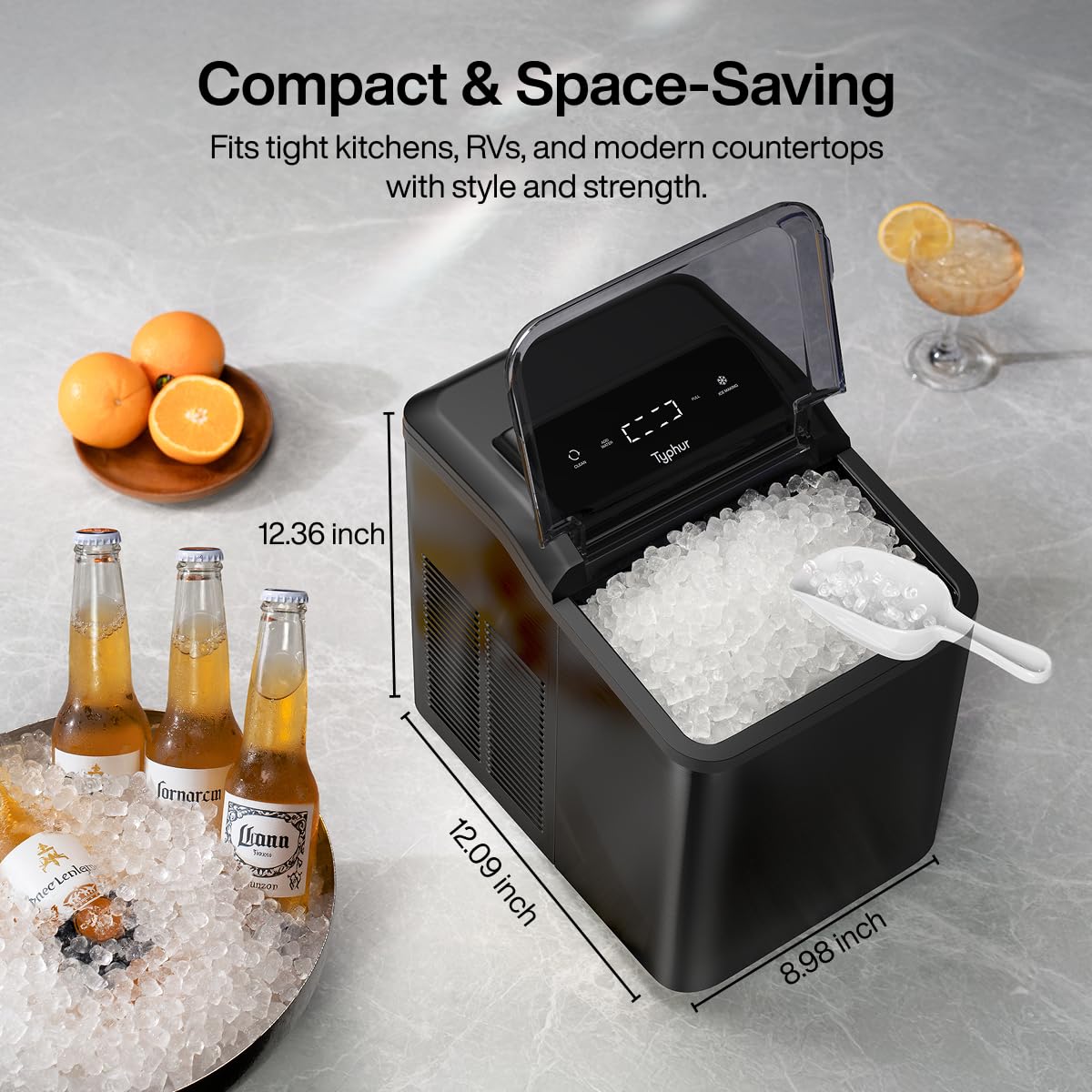 Typhur Fast Nugget Ice Maker Countertop, Chewable Pebble & Pellet Ice Machine with Self-Cleaning Pump & 8-Pack Cleaners, 35lbs/24H Crushed Ice for Kitchen, Bar, RV, Outdoor (Black Stainless Steel)