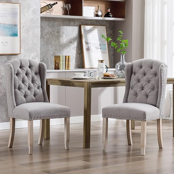 DUOMAY Modern Tufted Dining Chairs Set of 8, Linen Upholstered Dining Room Chairs Armless Guest Side Chair for Kitchen Dining Room, Wingback Accent Chairs with Solid Wood, Grey