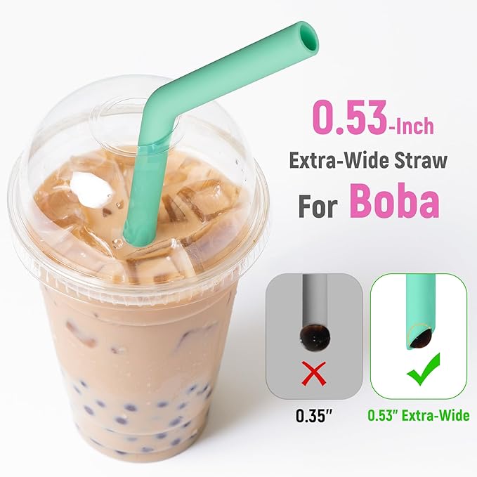NiHome 6PCS Extra Wide Reusable Bent Silicone Straws for Boba, Smoothies, Bubble Tea, Eco-Friendly Bent Straws for Thick Drinks, Child-Safe, Customizable Length, 2 Brushes for Cleaning (Girl Colors)