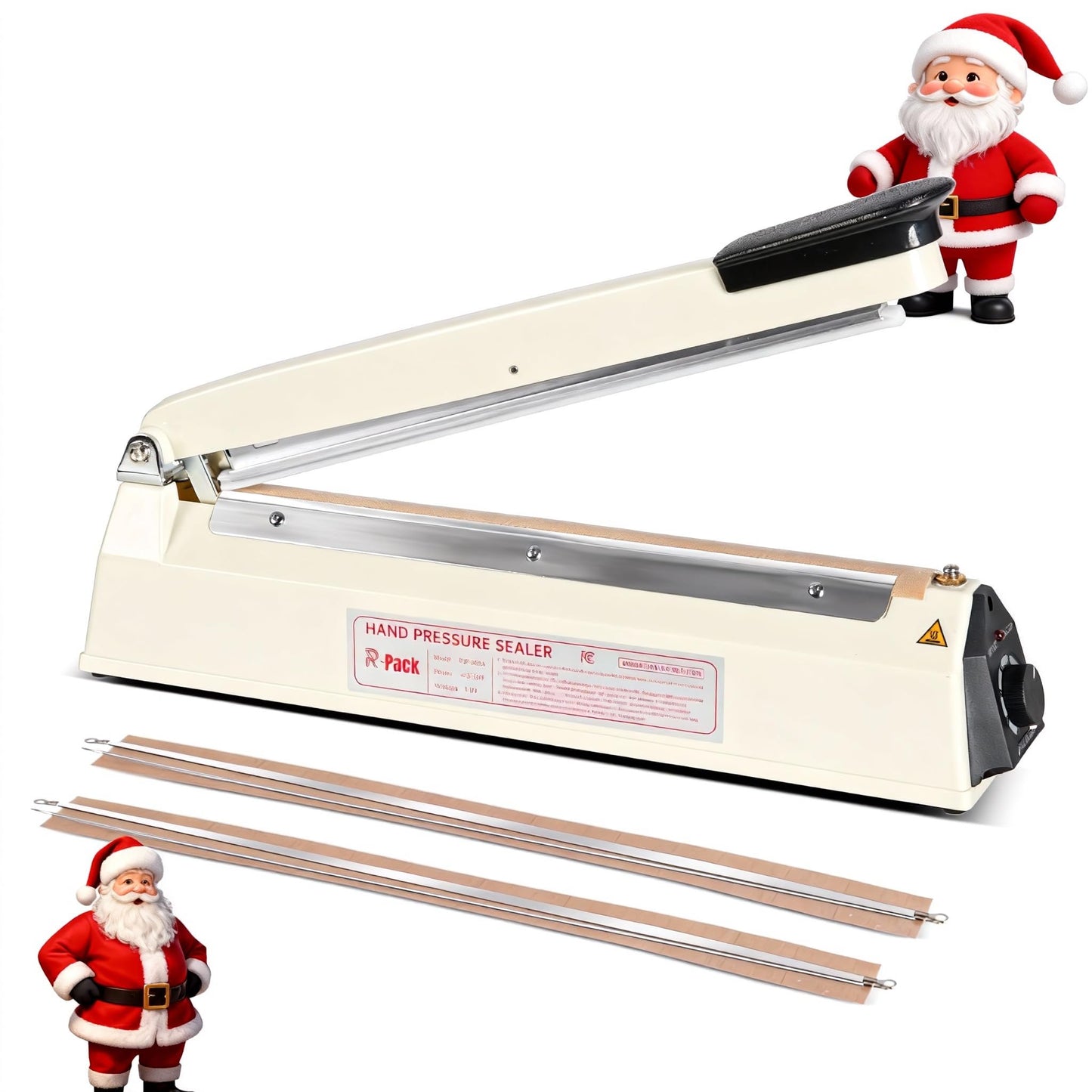 R-PACK Impulse Heat Sealer with Seal bar, Heavy-Duty Bag Sealing & Cutting Machine, 2 Extra Replacements (white, 12inch)