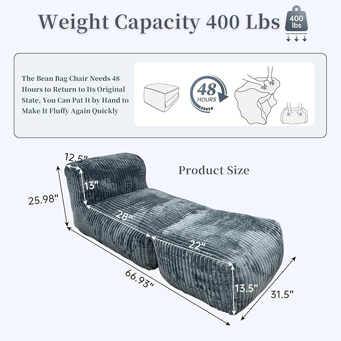 Large Memory Foam Bean Bag Chair for Adults – Big Lounger Sofa Seat for Living Room, Bedroom, or Balcony (Dark Gray)
