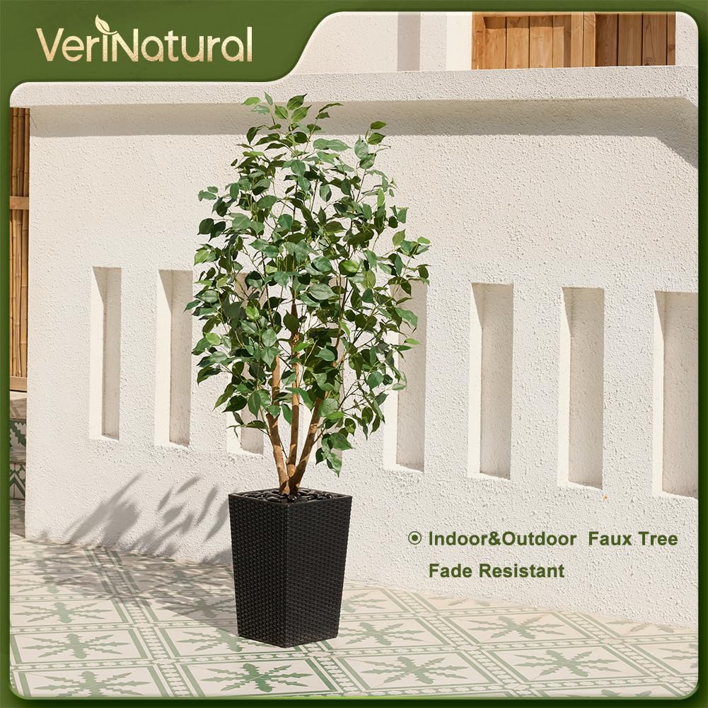 VeriNatural 5ft Artificial Ficus Tree,Tall Faux Tree with Silk Leaves & Real Wood Trunk,UV Resistant Potted Fake Plant with Pebbles & Planter-Indoor Outdoor Floor Plant for Home,Living Room,VN129
