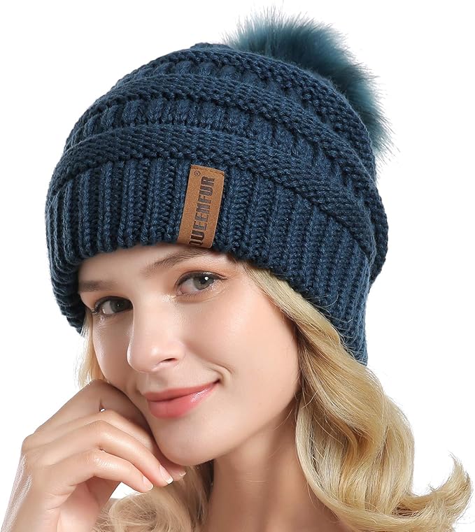 QUEENFUR Women Knit Slouchy Beanie Chunky Baggy Hat with Faux Fur Pompom Winter Soft Warm Ski Cap