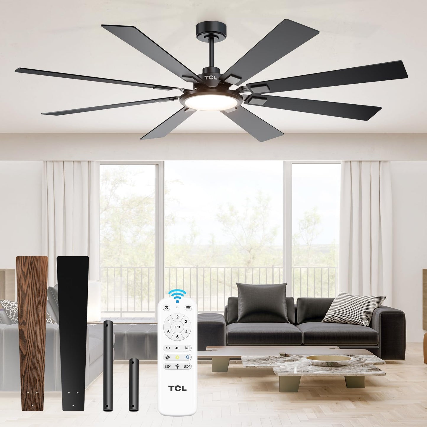 TCL Ceiling Fans with Lights and Remote: 8 Blades, Quiet Reversible DC Motor, Dimmable Super Bright LED, Noiseless Large Modern Fan for Room, Outdoor, Commercial and Industrial Use (Black, 62 Inch)