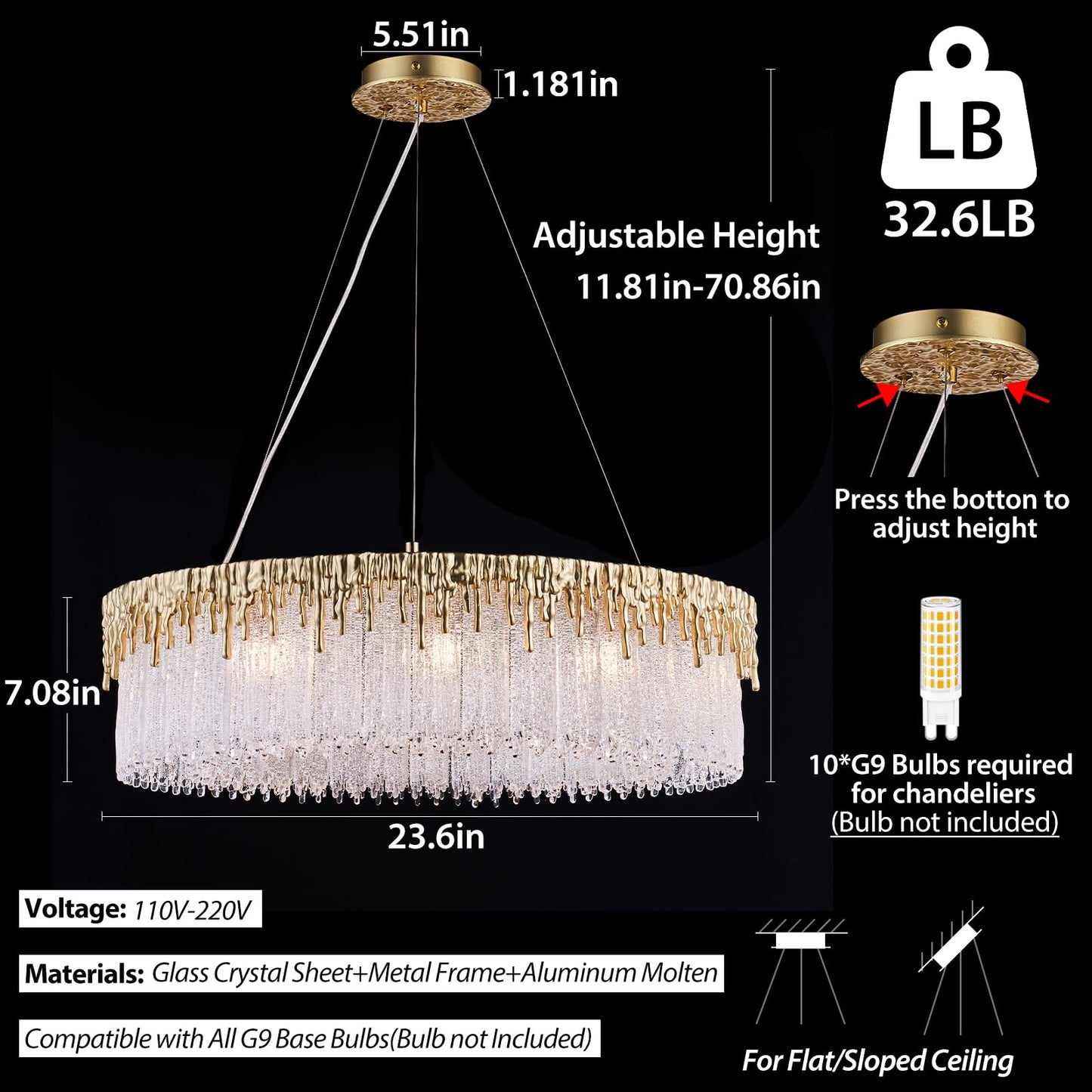 kvtinmty D23.6 Round Crystal Chandelier, Modern Gold Crystal Chandeliers for Dining Room, 10-Light Height Adjustable Chandelier for Living Room Bedroom Entryway Kitchen Island