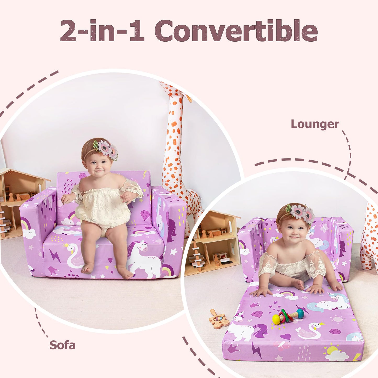 ZenKitch Kids Couch, 2-in-1 Toddler Sofa Fold Out, Soft Toddler Chair for Boys and Girls, Convertible Sofa to Lounger- Ideal for Napping, Reading, and Playing