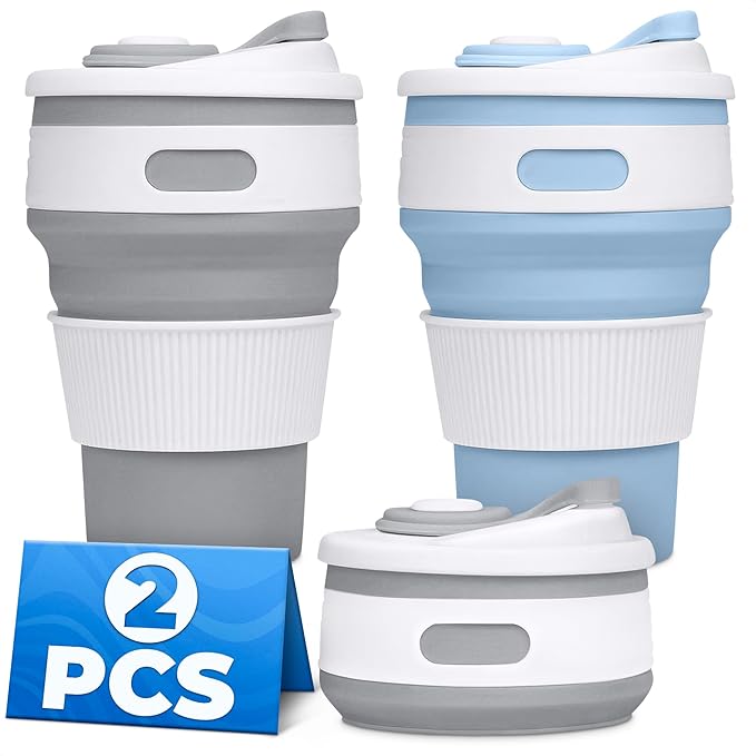 2-Pack Сollapsible Cups for Traveling Reusable – 12oz Leakproof Coffee Travel Mug, Silicone, Foldable & Portable for Hikin...