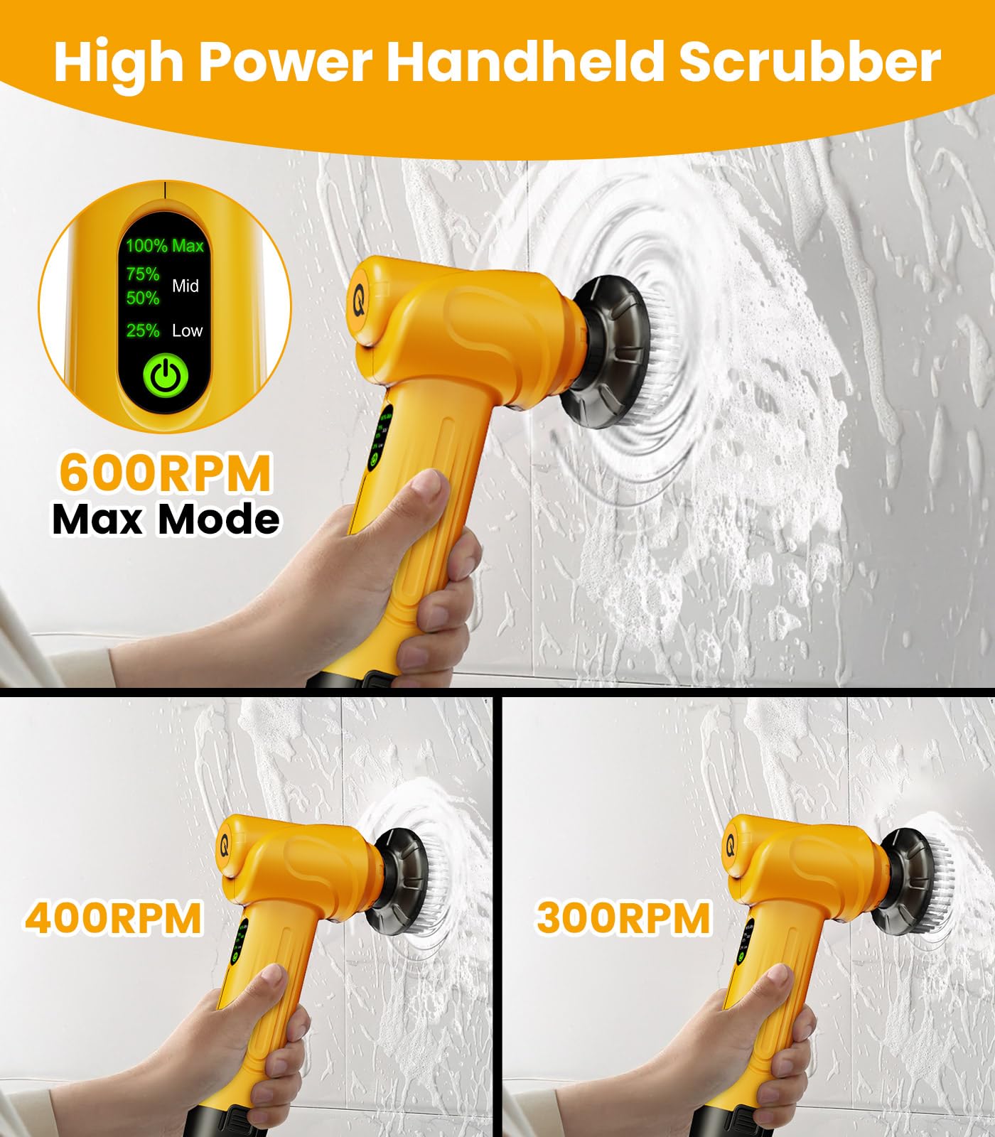 qimedo 5000mAh Battery Electric Spin Scrubber Q4, Handheld Scrubber for Cleaning with Display, Power Dish Scrubber with 5 Heads, Shower Cordless Cleaning Brush Gifts for Mom