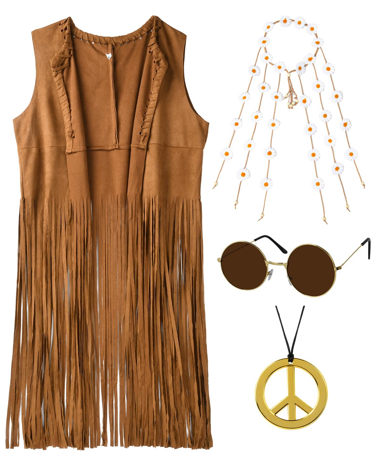 CEELGON 60s 70s Outfits Hippie Clothes for Women Disco Suede Fringe Vest Western Shirts Accessories Woman Cowgirl 1970 Style Decades Day Boho Costume Tops Flower Crowns (L)
