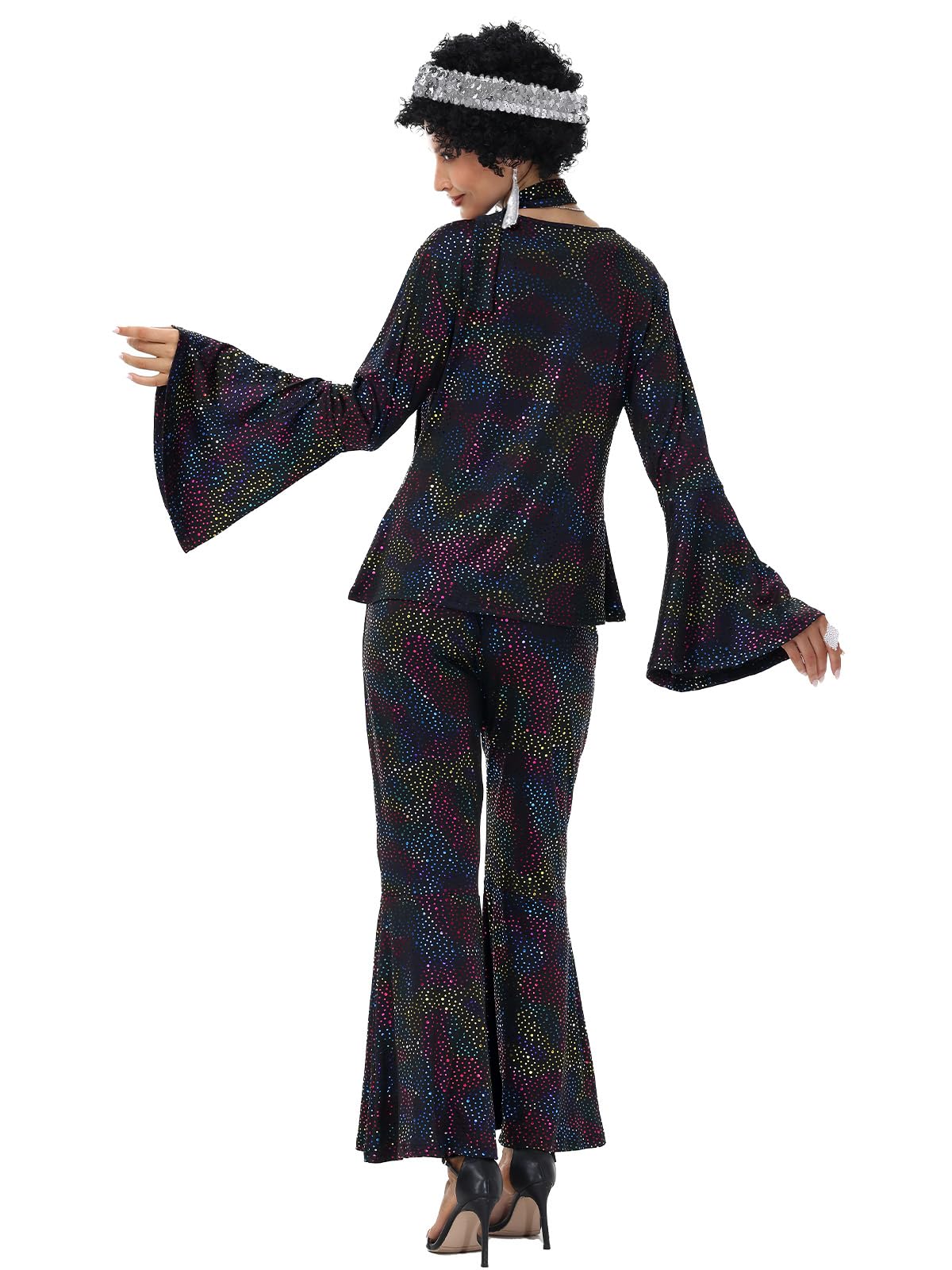 FEELJAM 70s Disco Outfits for Women, Retro 8 PCS Disco Costume with Top, Pants, Sunglasses, Ring, Earrings, Wigand (Black, Large)