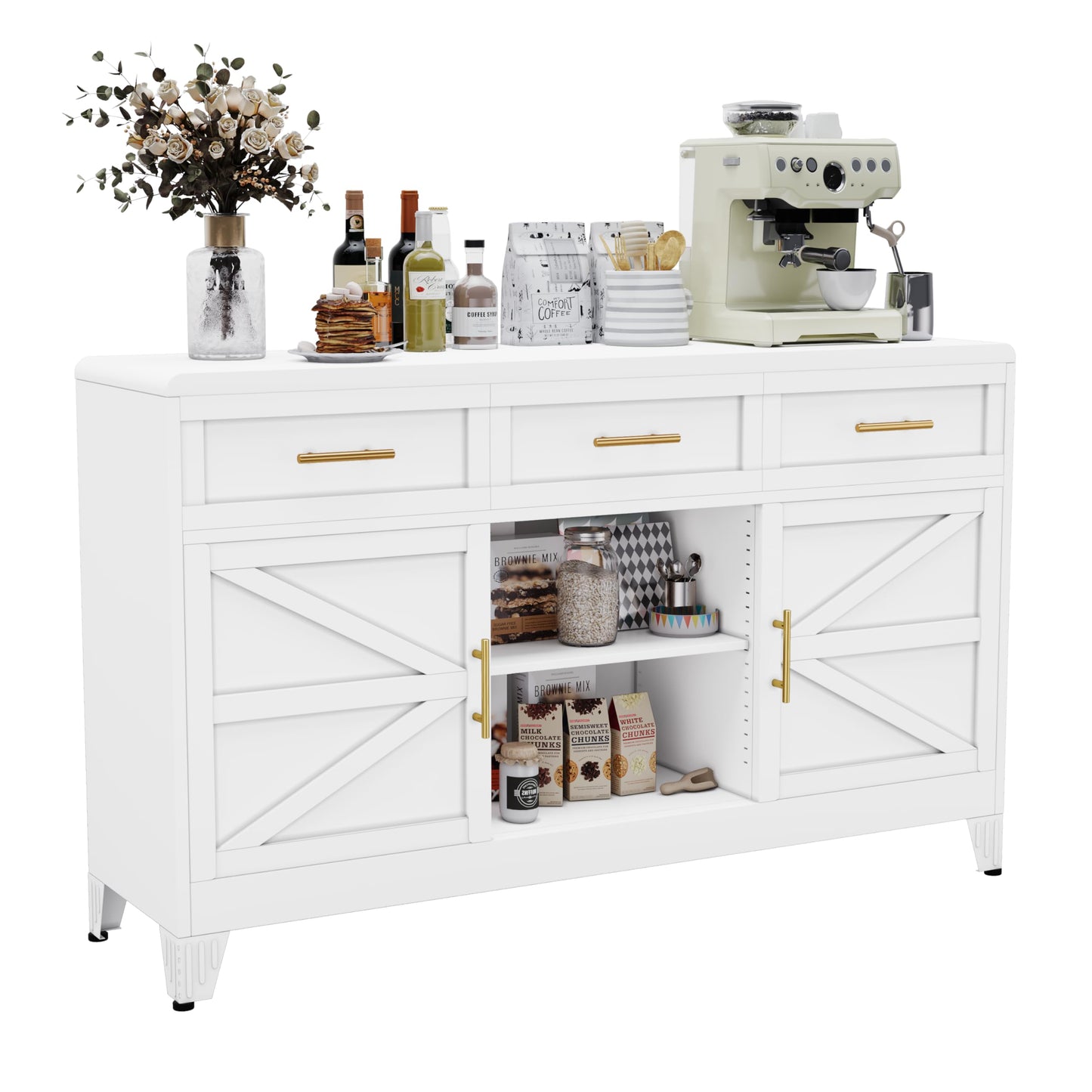 Sideboard Buffet Cabinet with Drawers, 47.2" Large Sideboard Cabinet with Doors & Adjustable Shelves, Modern Farmhouse Coffee Bar Console Table, Coffee Bar for Kitchen, Dining Room