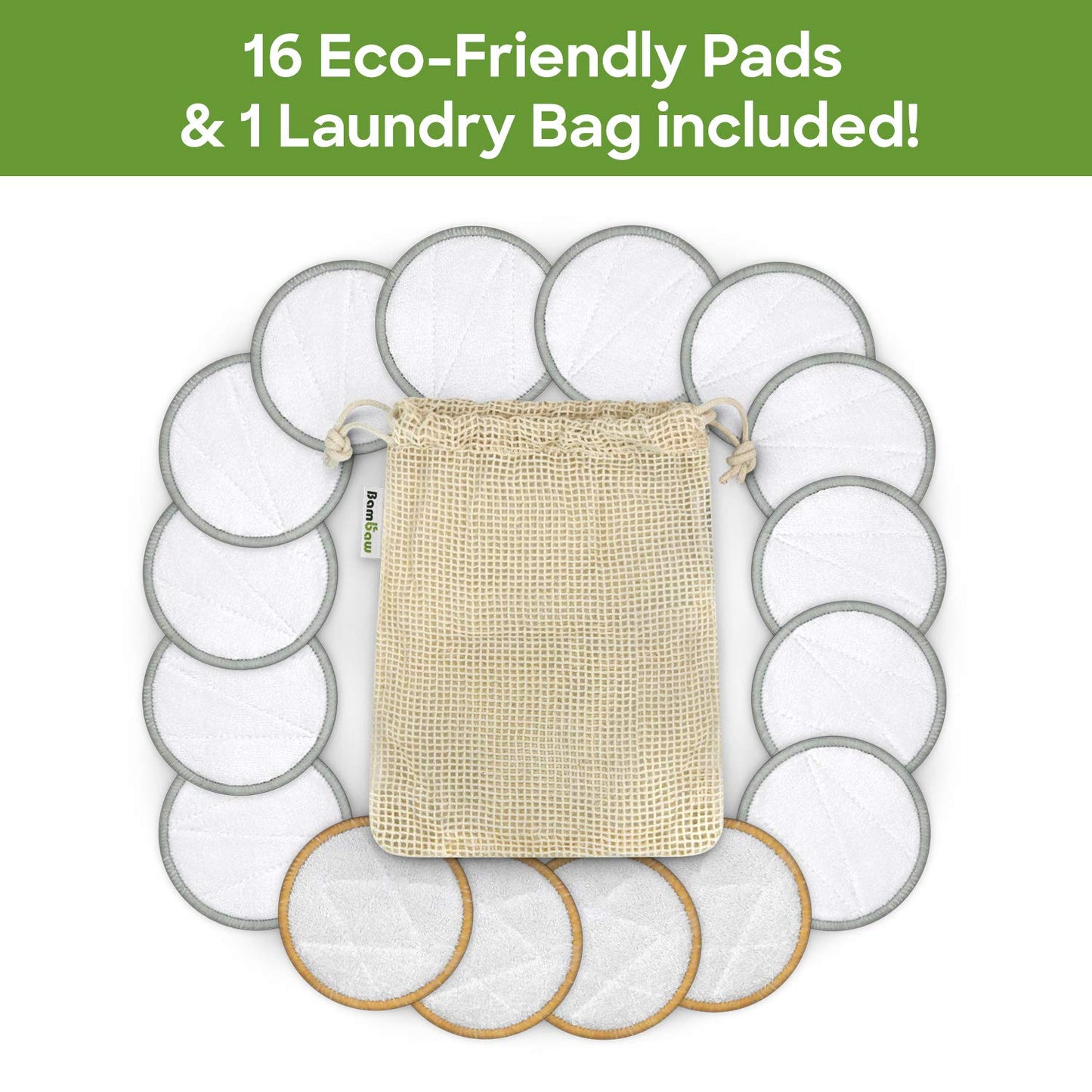 Bambaw Reusable Cotton Rounds for Face, 16 Rounds with 1 Bag for Laundry & Storage, Reusable Cotton Pads for Face, Soft & Exfoliating Eye Makeup Remover Pads
