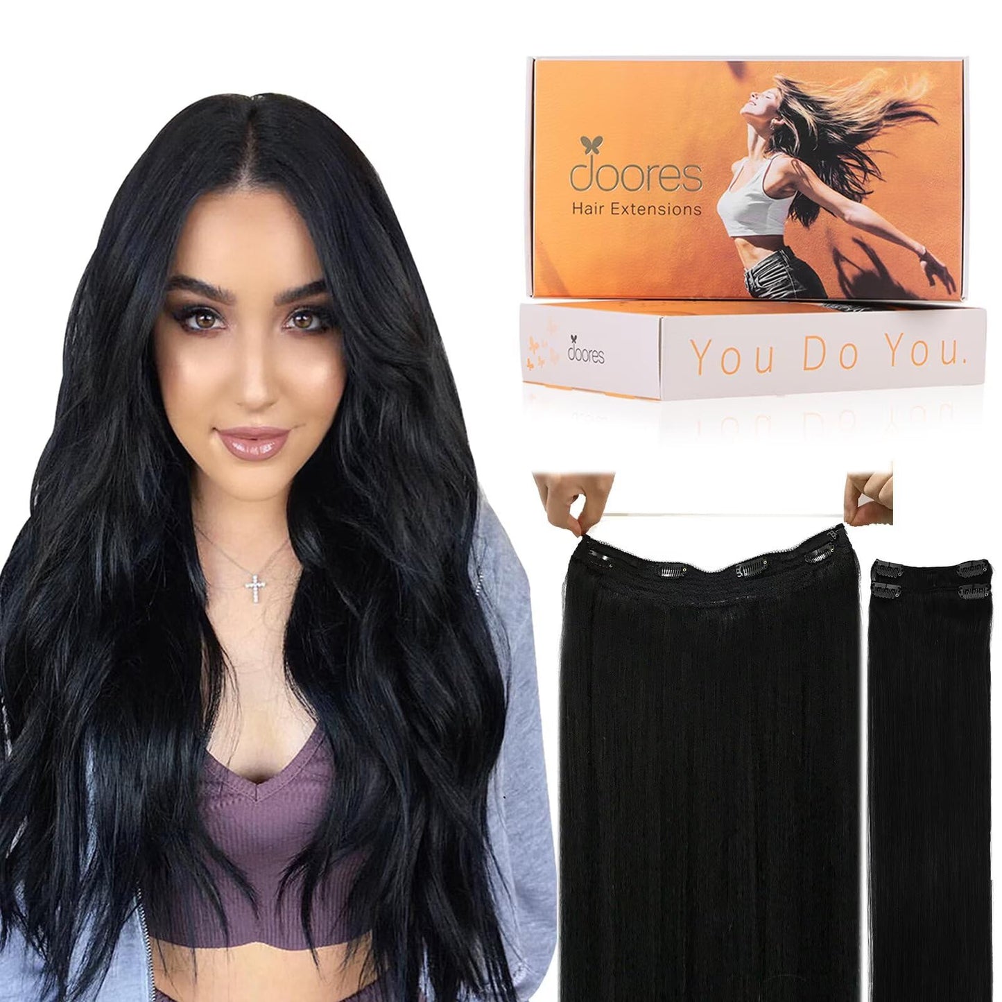DOORES Wire Hair Extensions, Jet Black 20 Inch 110g Fish Line Weft Extensions and 2pcs 30g Clip ins, 140g Invisible Wire Real Re
