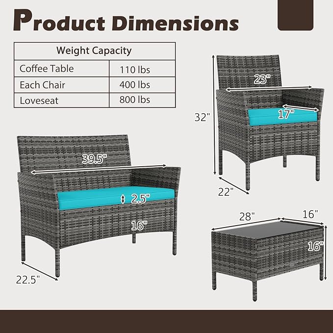RELAX4LIFE 8-Piece Patio Furniture Set - Rattan Outdoor Conversation Bistro Set w/Cushions, Glass Coffee Table, Wicker Chairs & Loveseat for Pool Garden Backyard Porch Balcony (2, Mix Grey-Turquoise)