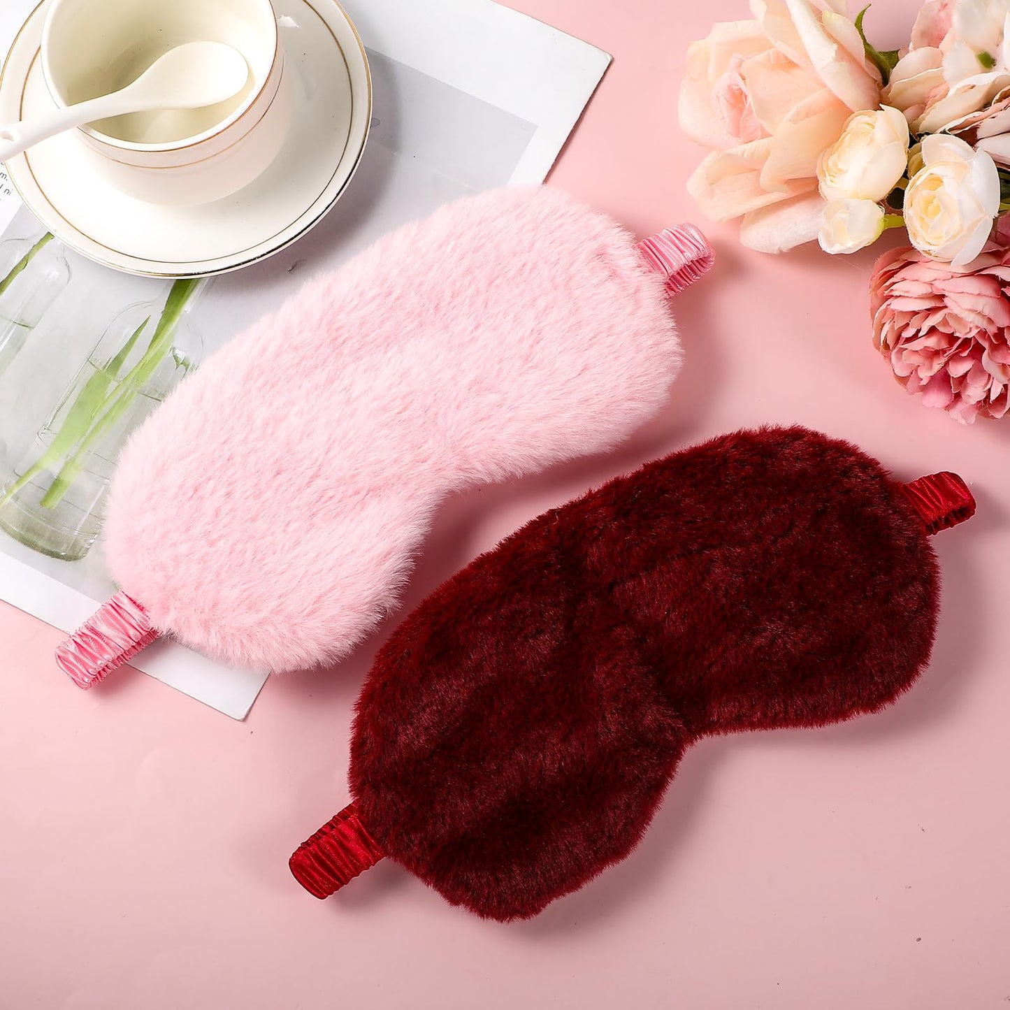 2 Pcs Plush Eye Mask Soft Sleeping Blindfold Eye Cover Comfortable Furry Faux Fur Sleeping Mask Satin Nap Night Eyeshade Cover for Women Men Gift (Pink, Red)