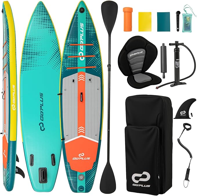 Goplus Inflatable Stand Up Paddle Board for Adults, 11FT SUP w/Premium Kayak Seat, Adjustable Paddle, Leash, Hand Pump, Re...