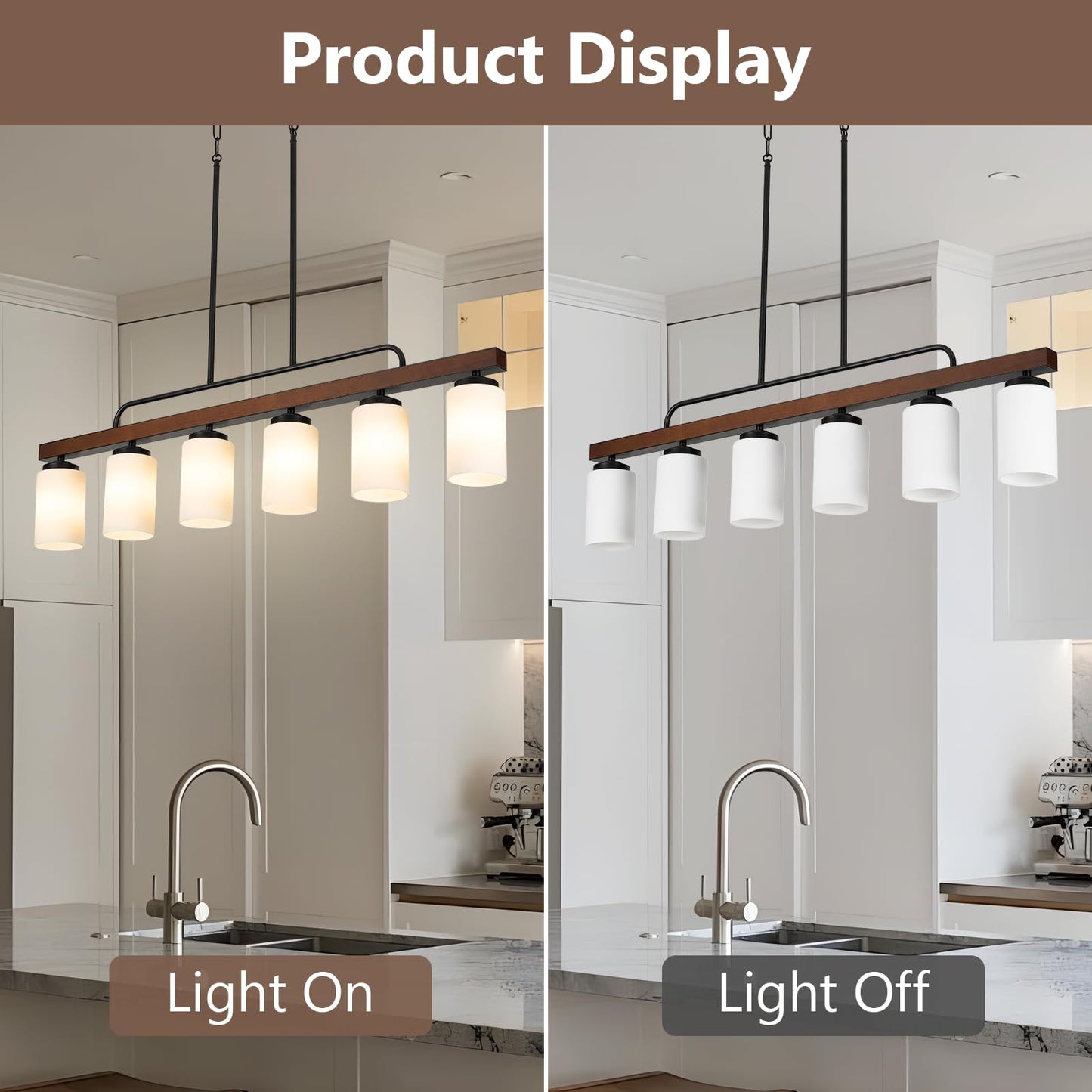 Farmhouse Dining Room Light Fixture Over Table, Black 6-Light Wood Kitchen Island Lighting with Milk White Glass, Industrial Linear Chandelier Pendant Lights