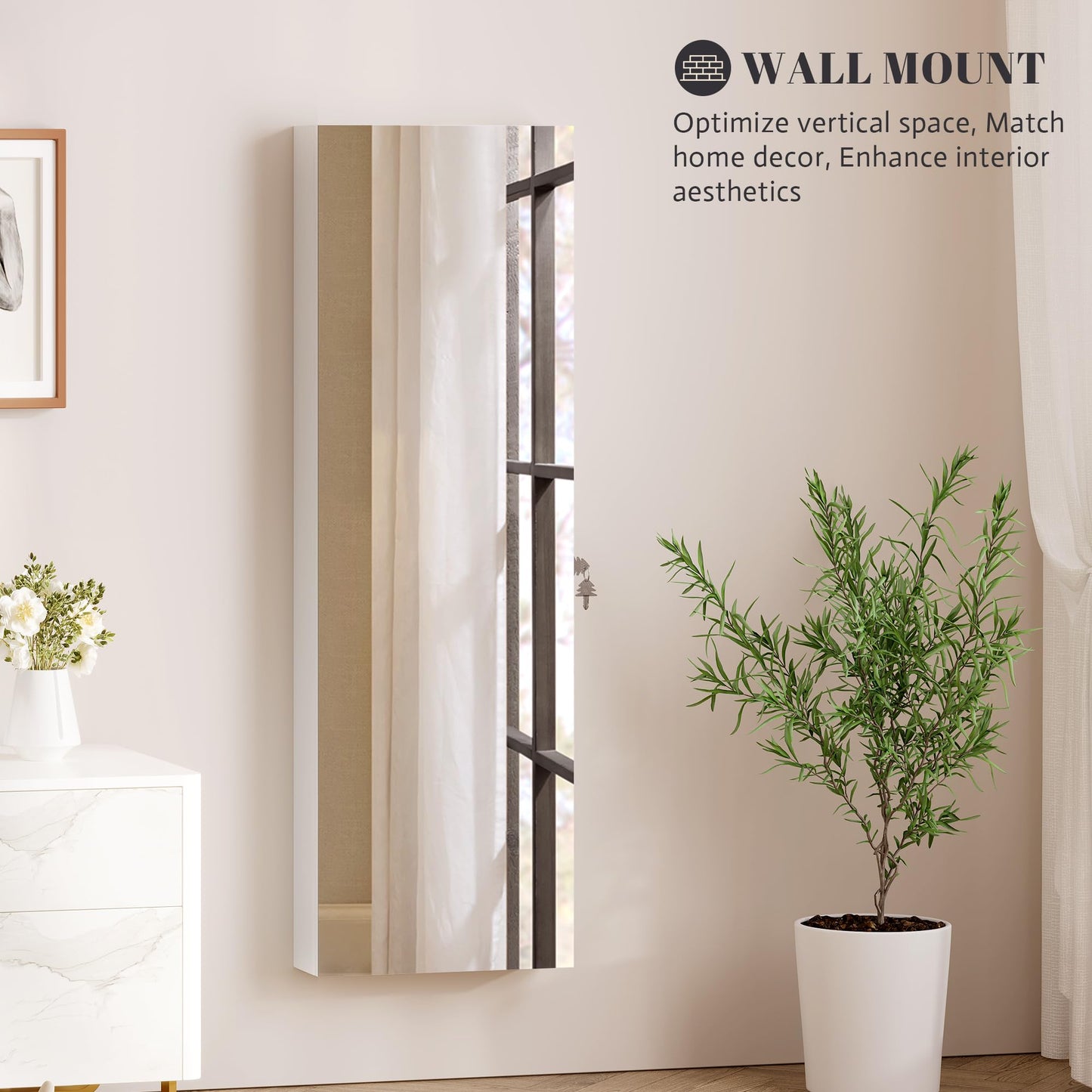 Vlsrka 47.2" LED Jewelry Mirror Cabinet, Wall/Door Mounted Jewelry Armoire Organizer with Full Length Mirror, Large Storage Hanging Cabinet, 4 Drawers, 5 Shelves (White)