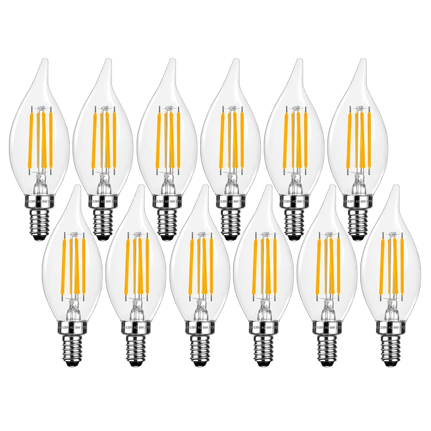 Brtstiun E12 Candelabra LED Light Bulbs Dimmable 60 Watt Equivalent, CA11 6W 2700K Soft Warm White Chandelier Candle Bulb, Small Base Decorative Flame Tip Clear Bulbs for Bedroom, Kitchen, 12 Pack